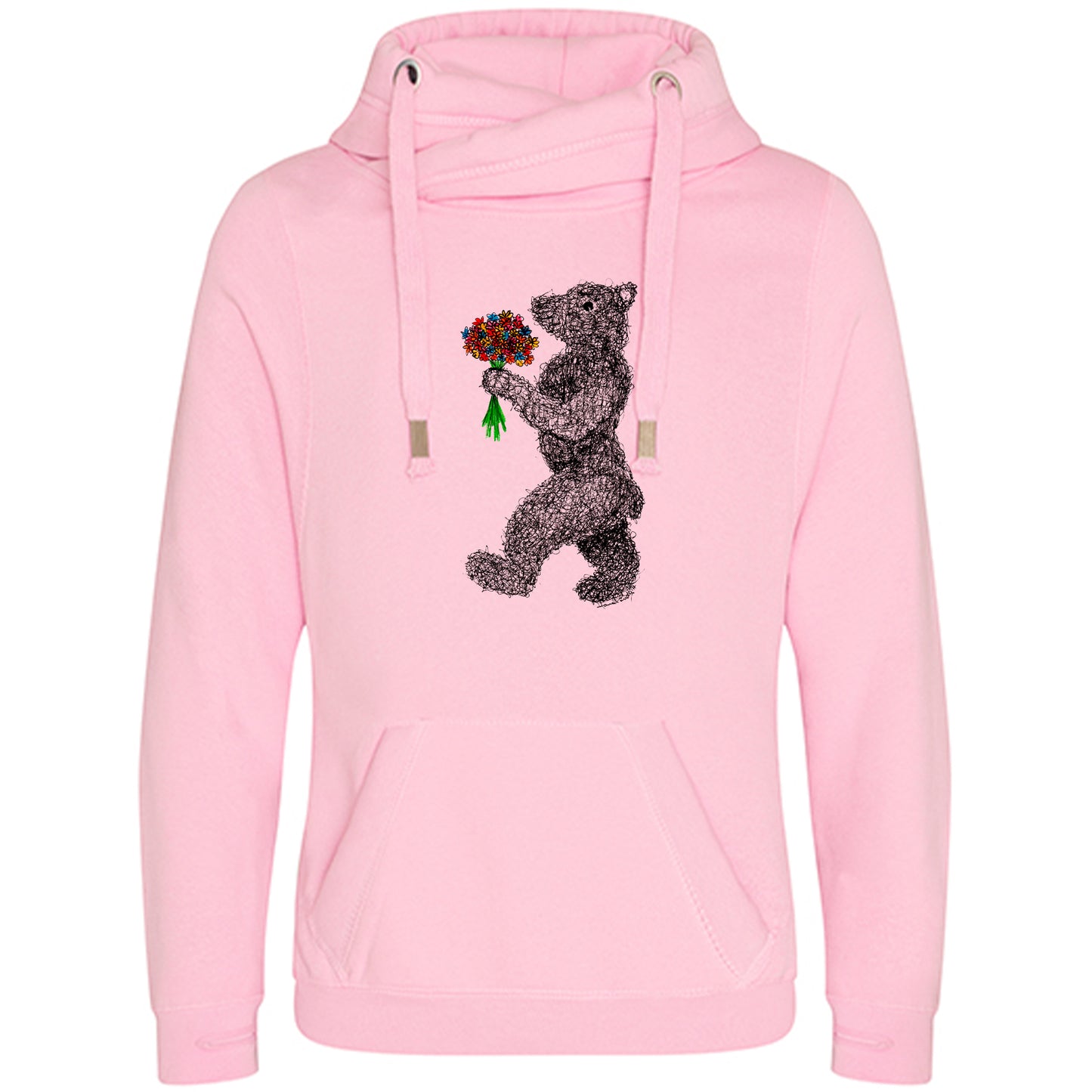 Cross Neck Hoodie/ Pulli / Motiv: Blumenbär gezeichnet