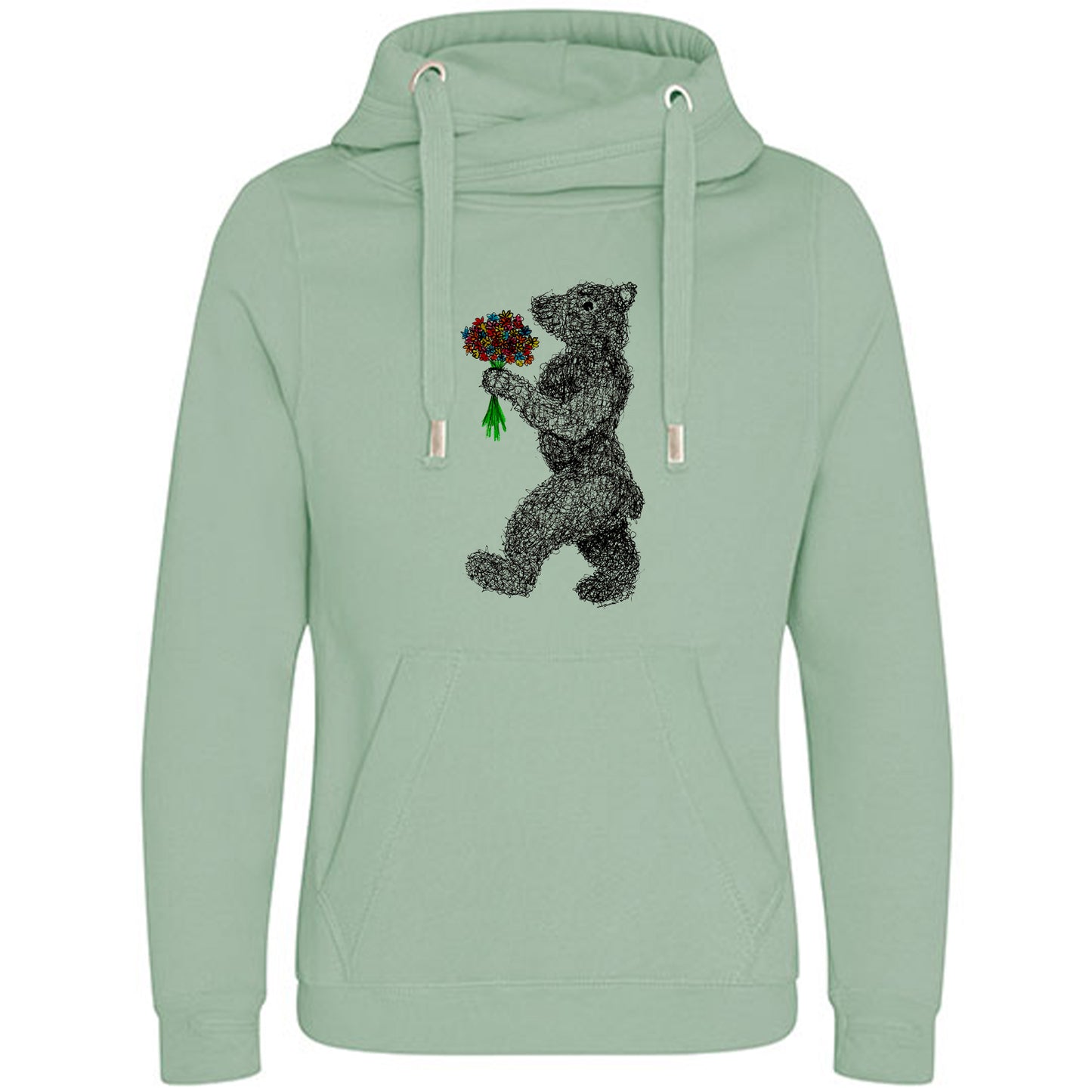 Cross Neck Hoodie/ Pulli / Motiv: Blumenbär gezeichnet