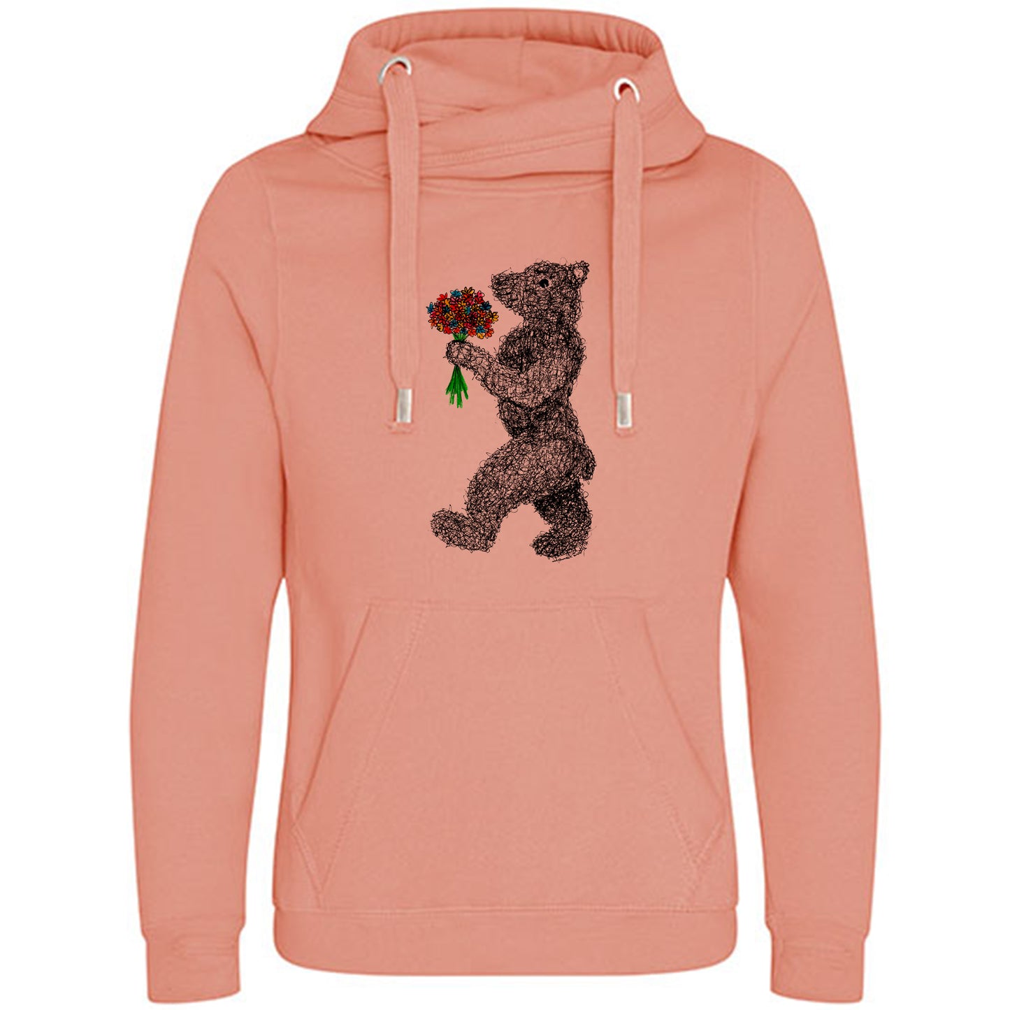 Cross Neck Hoodie/ Pulli / Motiv: Blumenbär gezeichnet