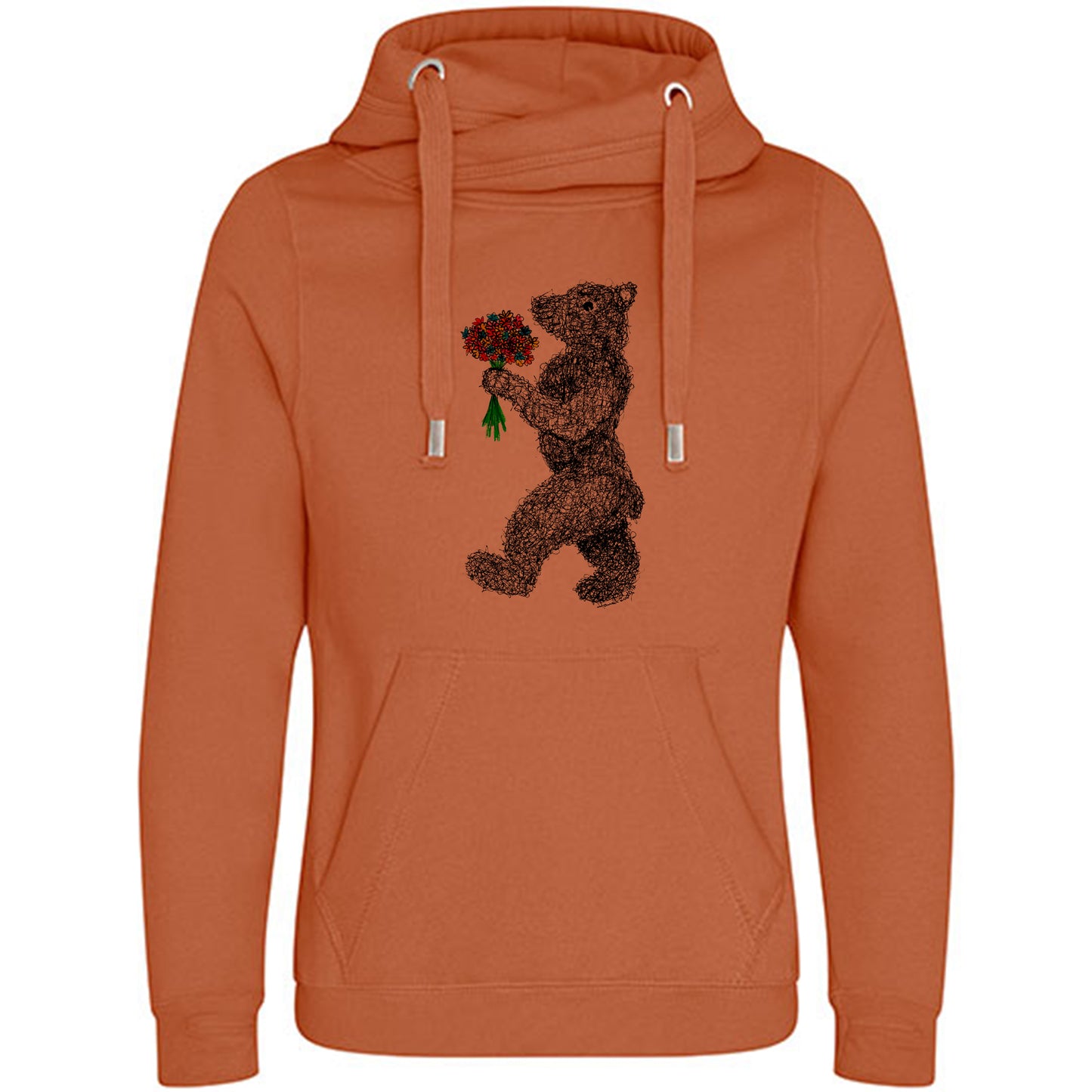Cross Neck Hoodie/ Pulli / Motiv: Blumenbär gezeichnet