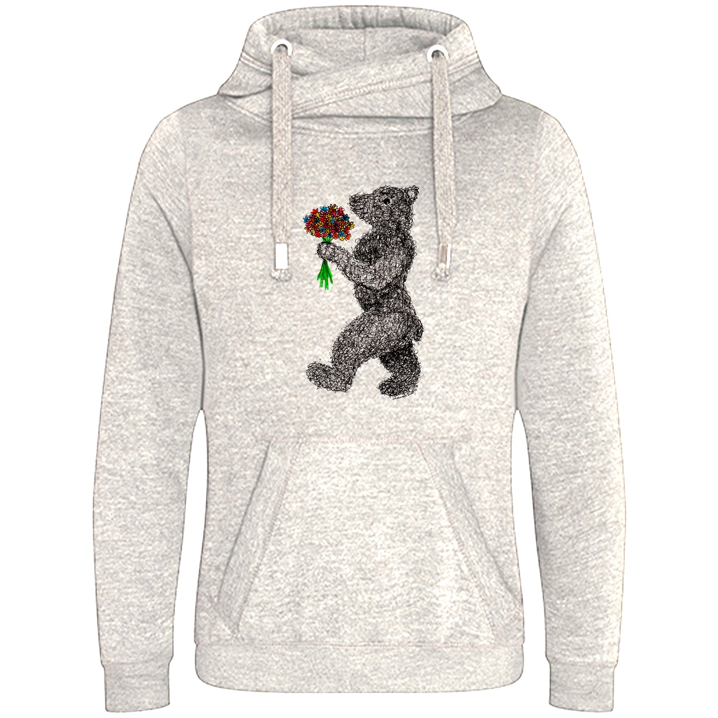 Cross Neck Hoodie/ Pulli / Motiv: Blumenbär gezeichnet