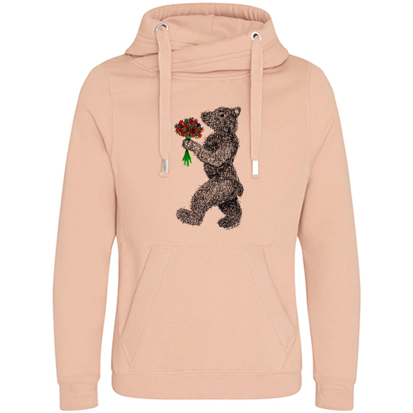 Cross Neck Hoodie/ Pulli / Motiv: Blumenbär gezeichnet