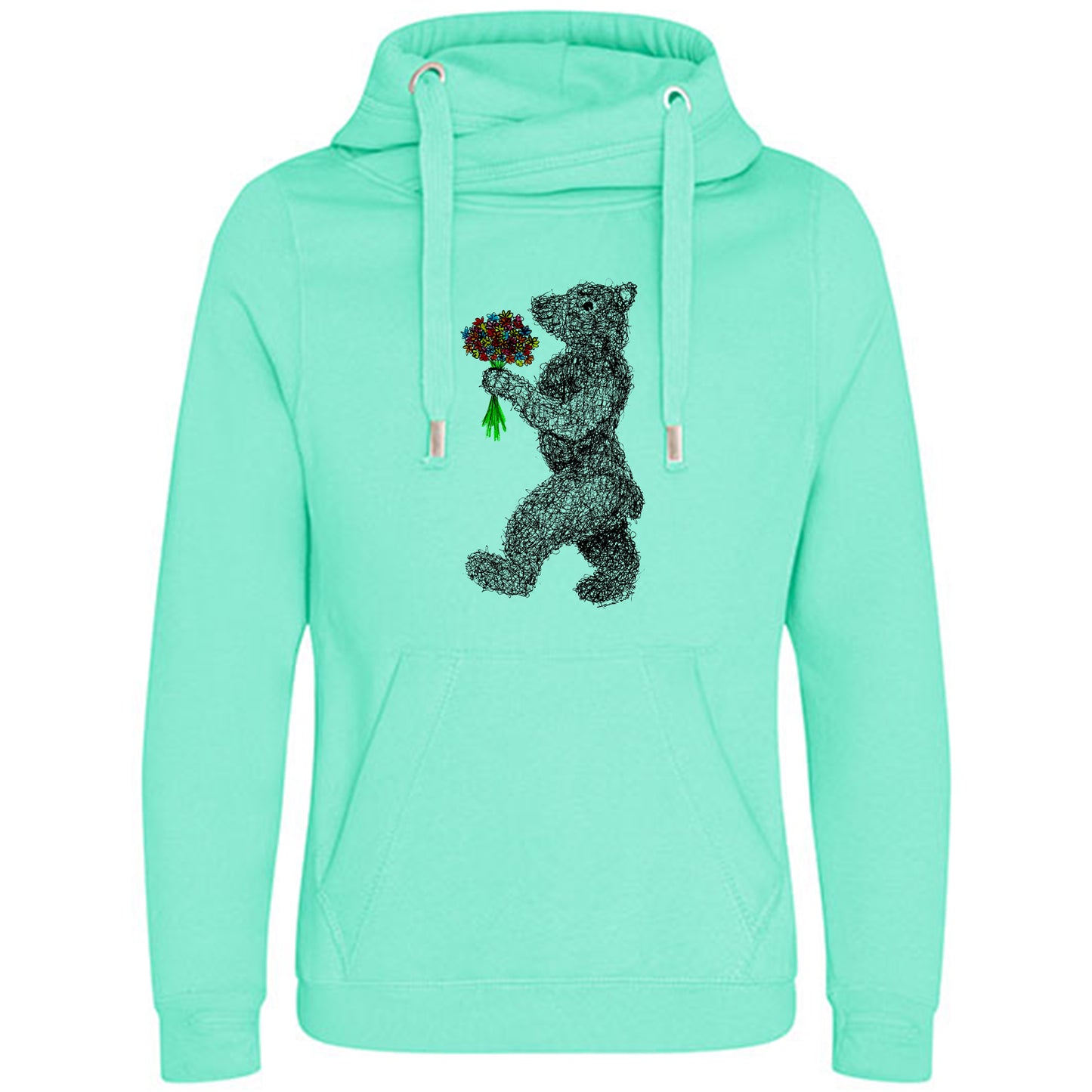 Cross Neck Hoodie/ Pulli / Motiv: Blumenbär gezeichnet