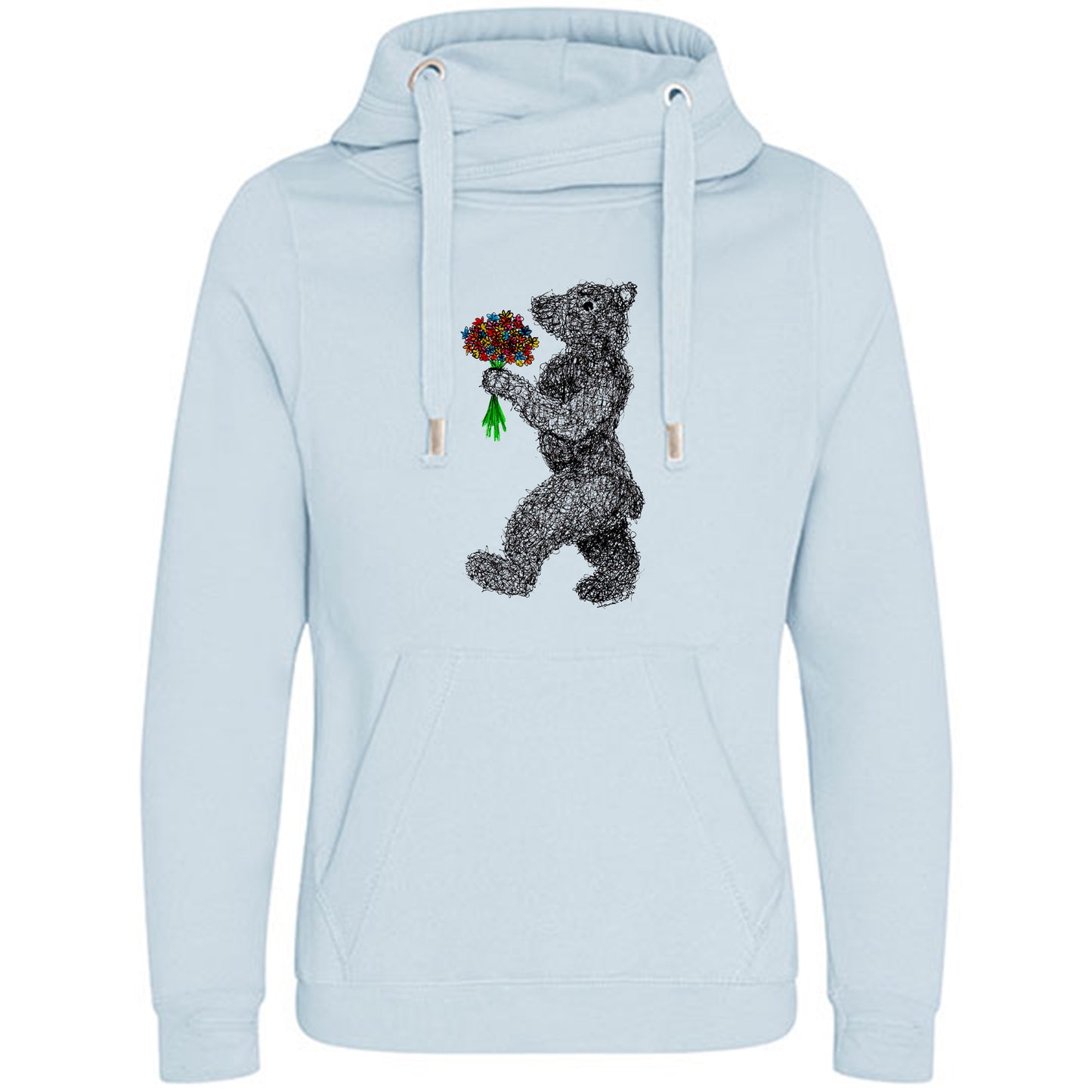 Cross Neck Hoodie/ Pulli / Motiv: Blumenbär gezeichnet