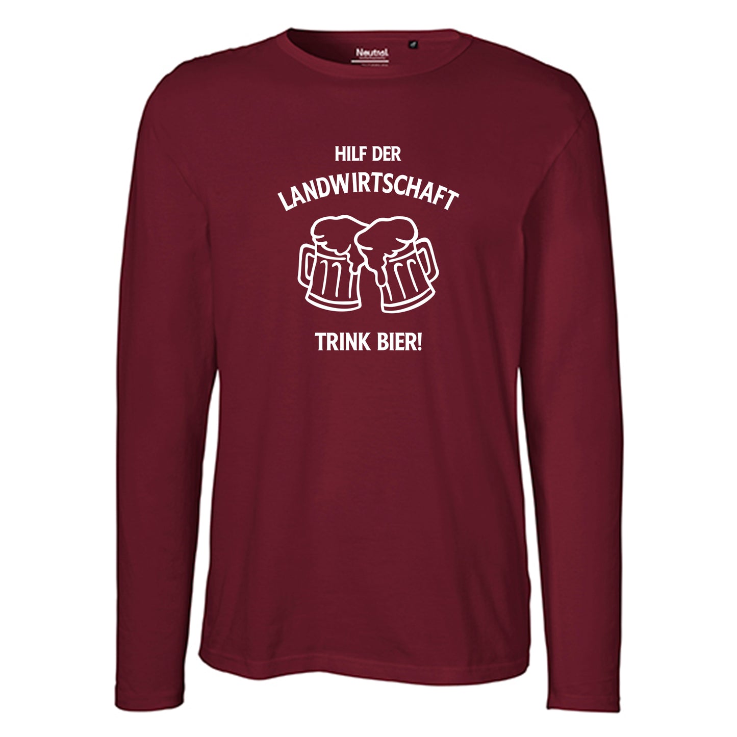 Herren FairTrade Longsleeve Shirt | Motiv "Hilf der Landwirtschaft - Trink Bier" | 100% Bio-Baumwolle und aus nachhaltiger Produktion | Größen S-3XL