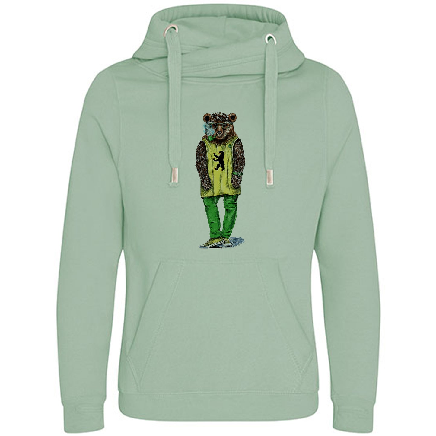 Cross Neck Hoodie/ Pulli / Motiv: Hipsterbär gezeichnet
