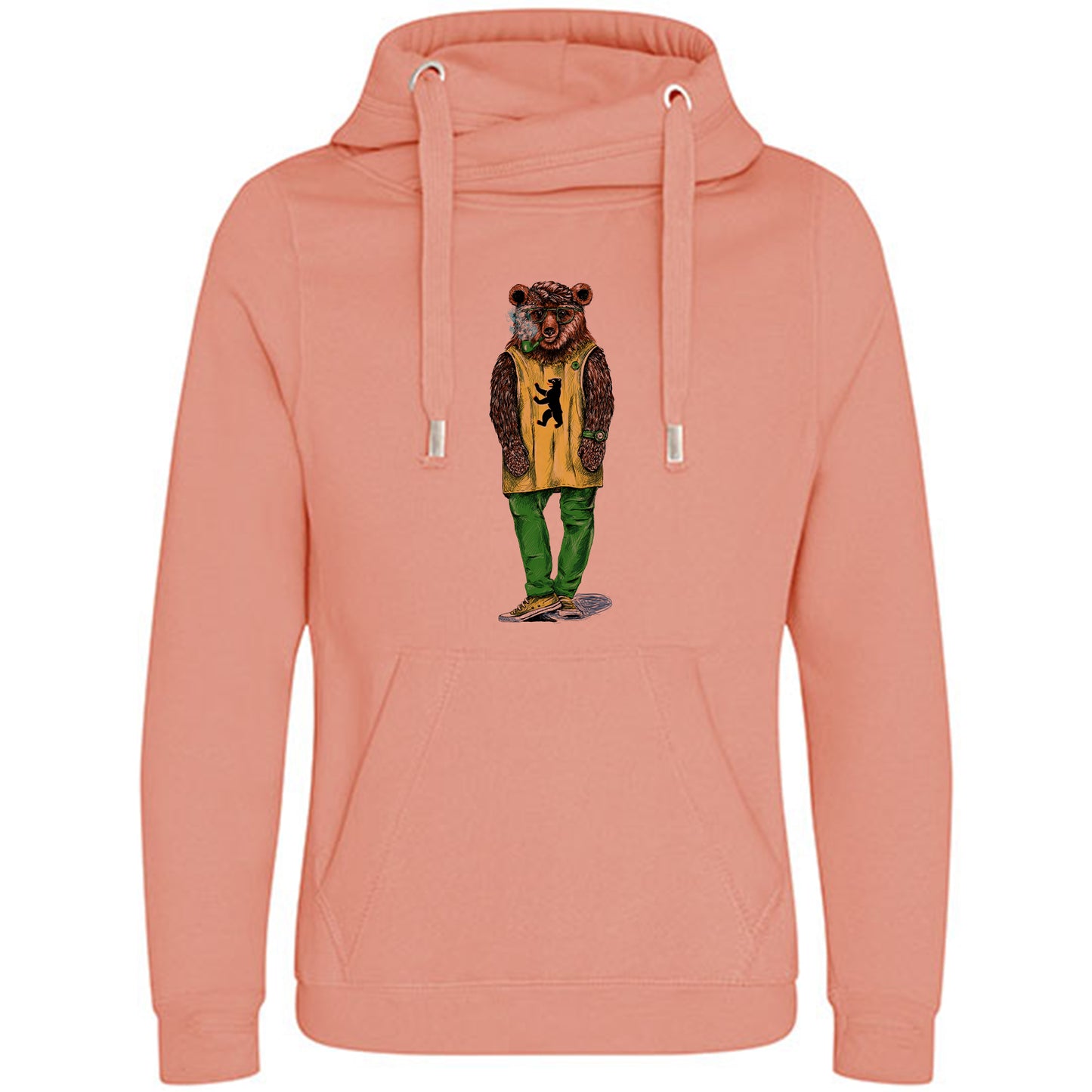 Cross Neck Hoodie/ Pulli / Motiv: Hipsterbär gezeichnet