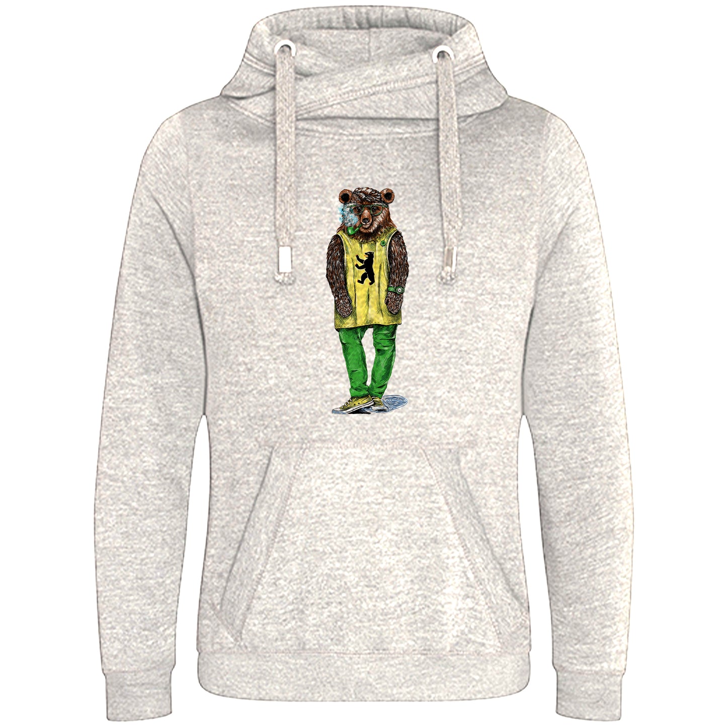 Cross Neck Hoodie/ Pulli / Motiv: Hipsterbär gezeichnet