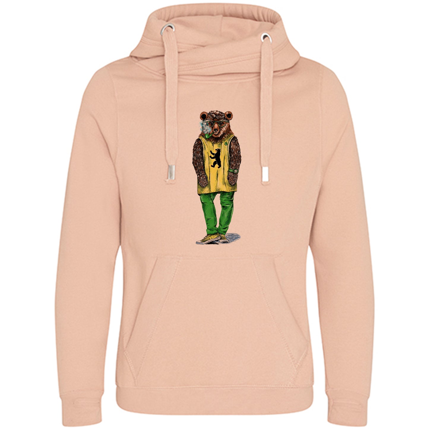 Cross Neck Hoodie/ Pulli / Motiv: Hipsterbär gezeichnet