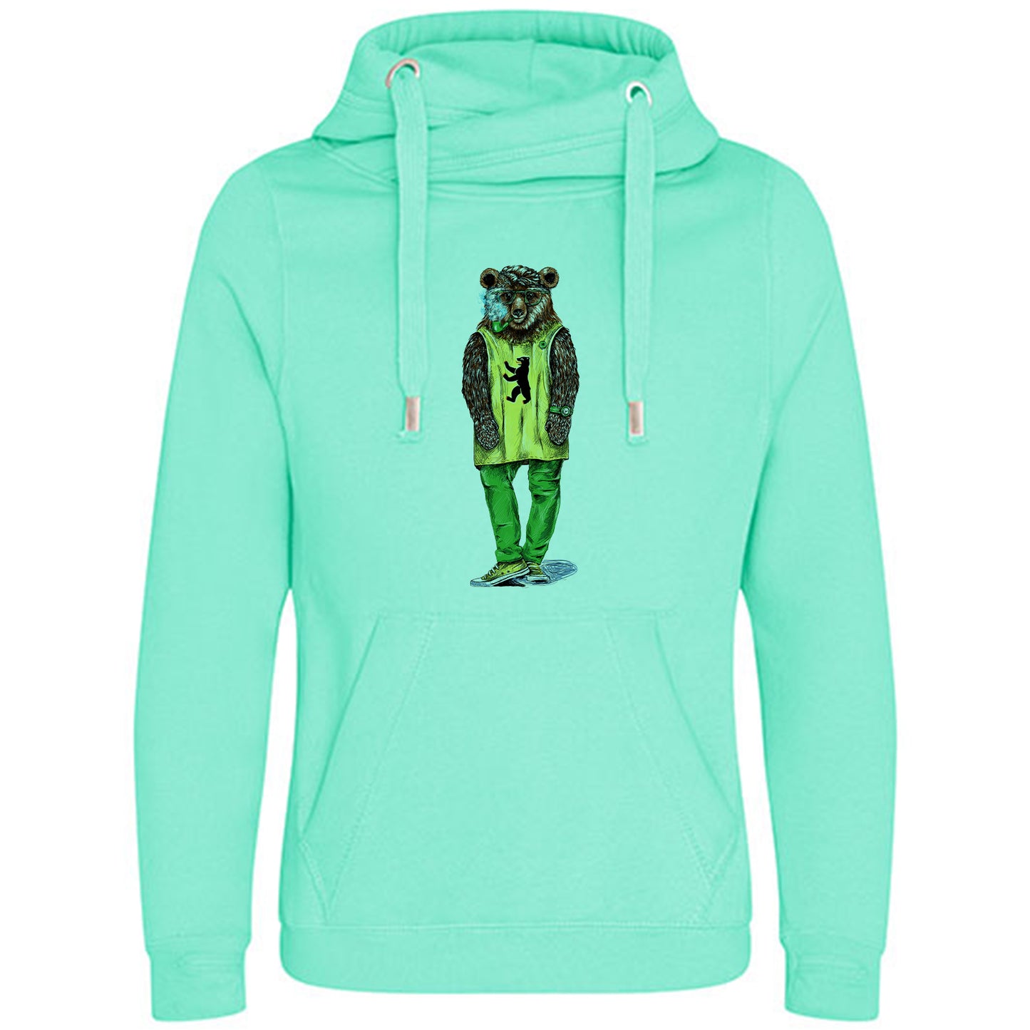 Cross Neck Hoodie/ Pulli / Motiv: Hipsterbär gezeichnet