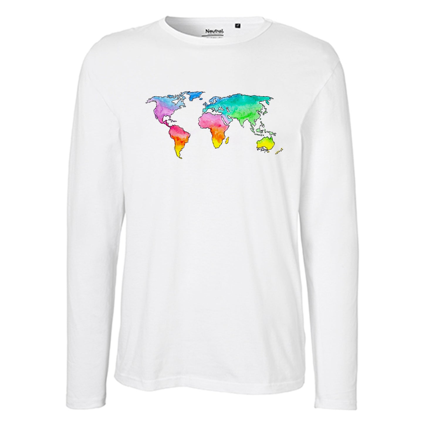 Herren FairTrade Longsleeve Shirt | Motiv"Weltkarte Regenbogen" | 100% Bio-Baumwolle und aus nachhaltiger Produktion | Größen S-3XL