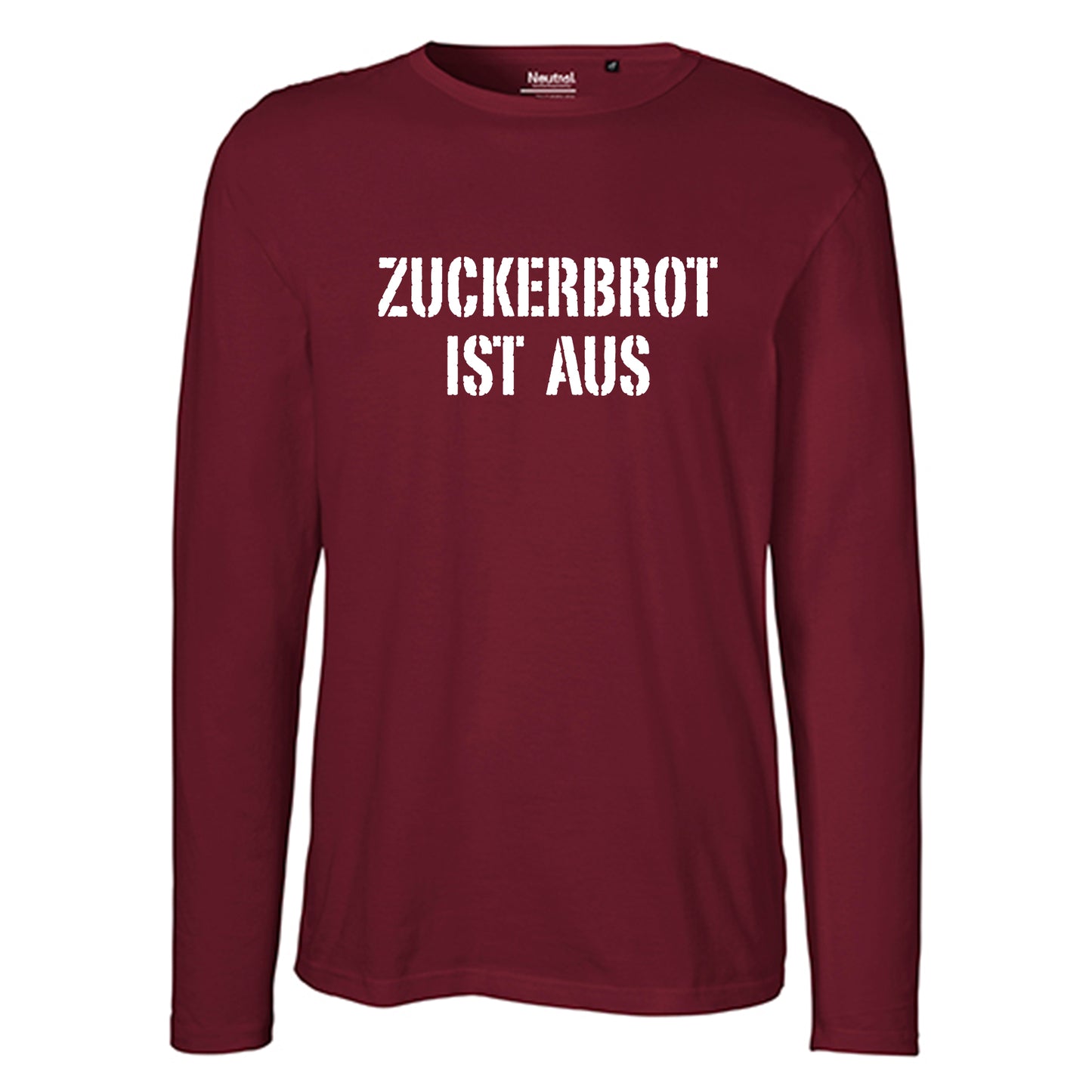 Herren FairTrade Longsleeve Shirt | Motiv "ZUCKERBROT IST AUS" | 100% Bio-Baumwolle und aus nachhaltiger Produktion | Größen S-3XL