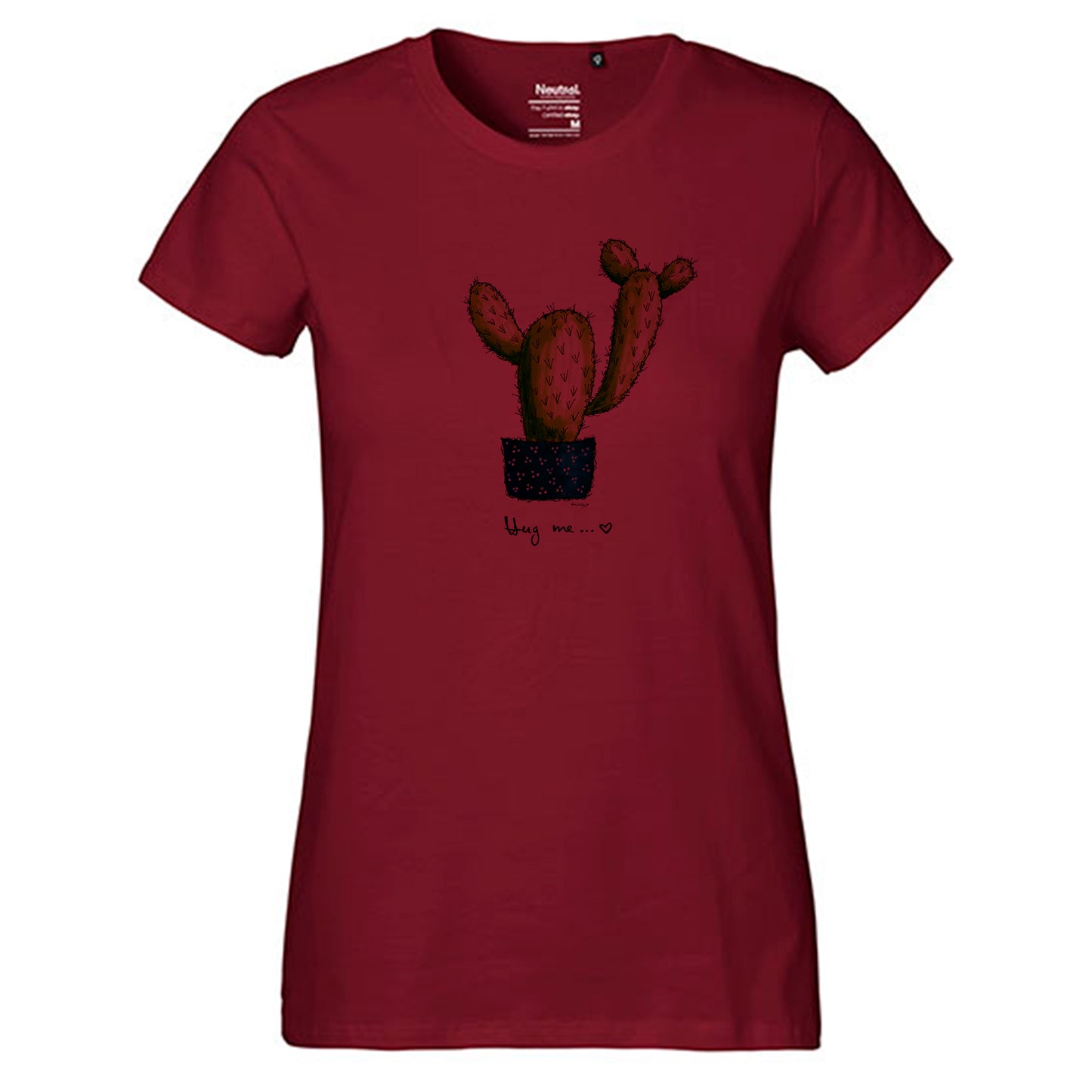 Fair-trade women's t-shirt 'Cactus Hug me' drawn 100% organic cotton