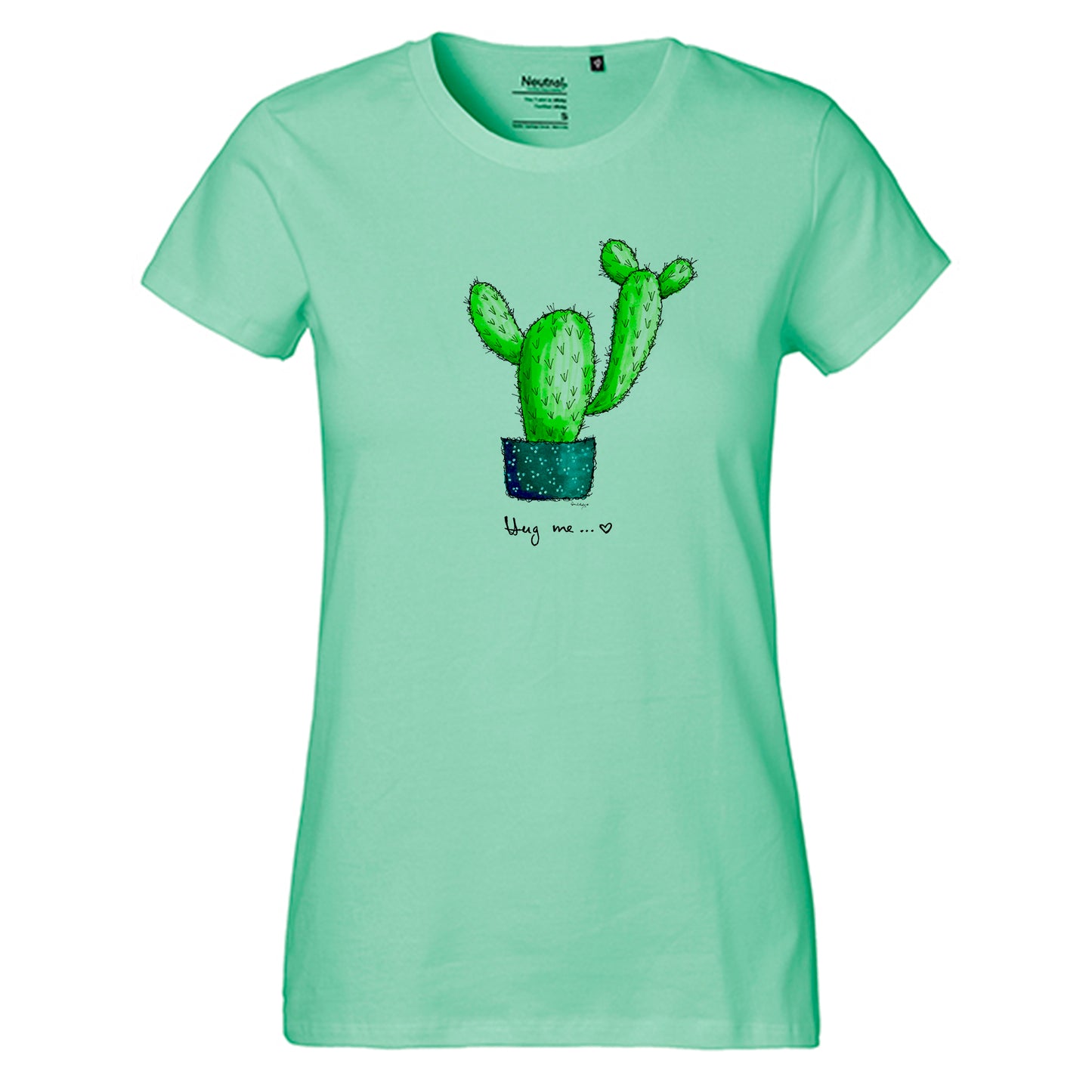 Fair-trade women's t-shirt 'Cactus Hug me' drawn 100% organic cotton