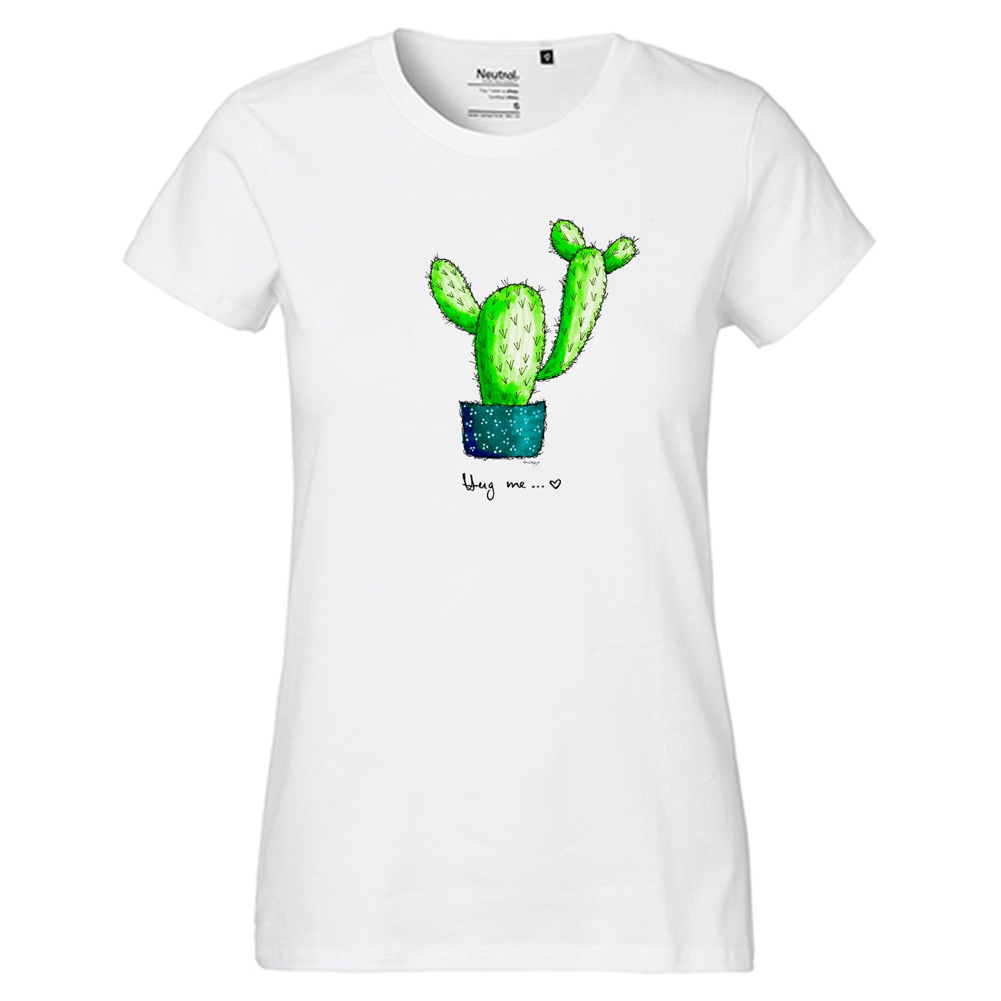 Fair-trade women's t-shirt 'Cactus Hug me' drawn 100% organic cotton