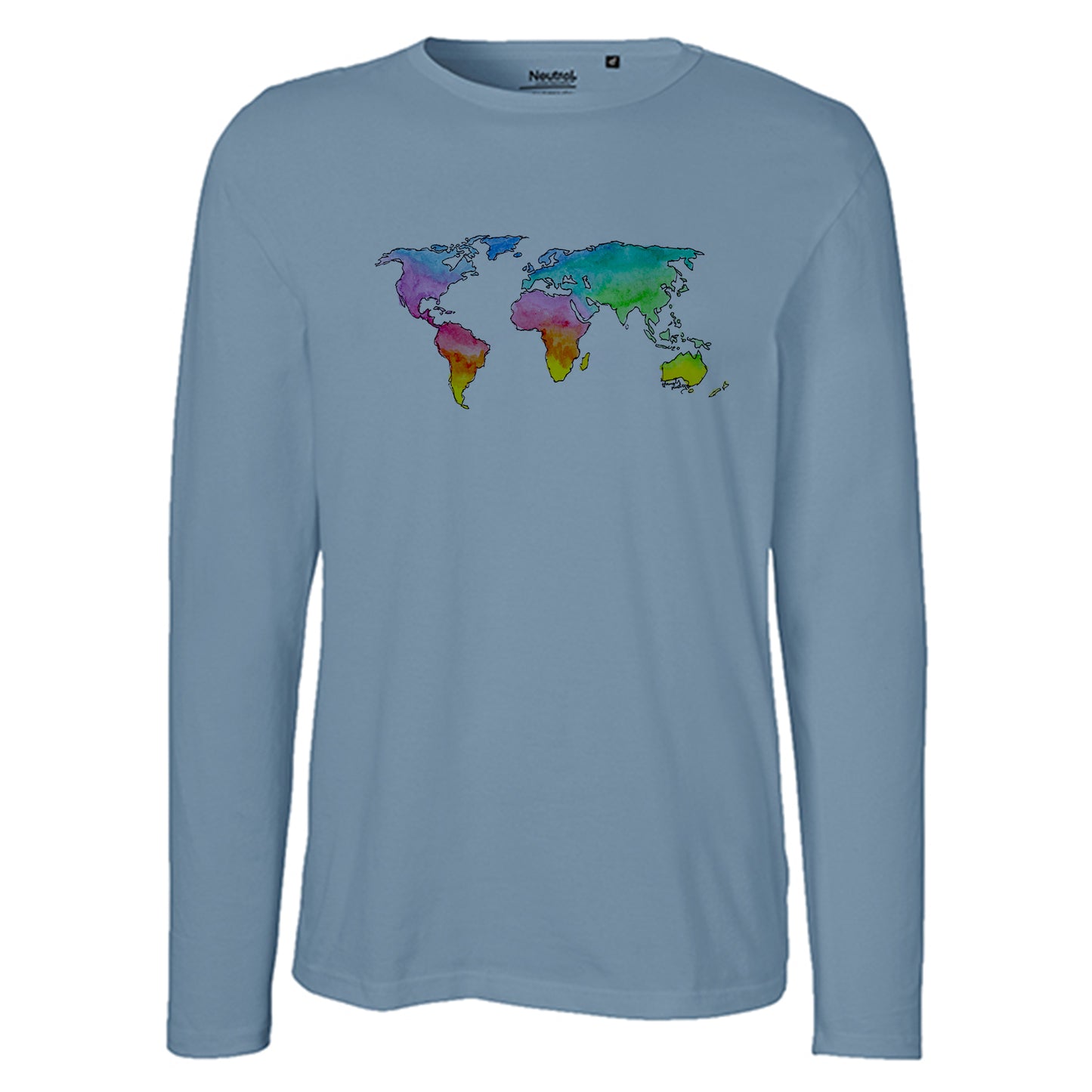 Herren FairTrade Longsleeve Shirt | Motiv"Weltkarte Regenbogen" | 100%  Bio-Baumwolle und aus nachhaltiger Produktion | Größen S-3XL