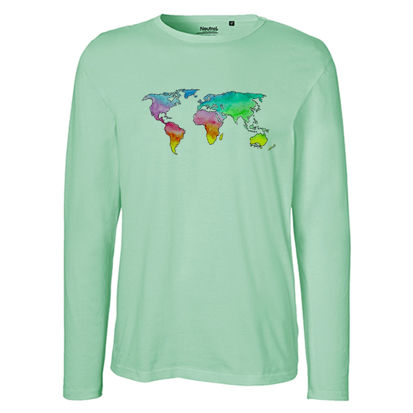 Herren FairTrade Longsleeve Shirt | Motiv"Weltkarte Regenbogen" | 100%  Bio-Baumwolle und aus nachhaltiger Produktion | Größen S-3XL