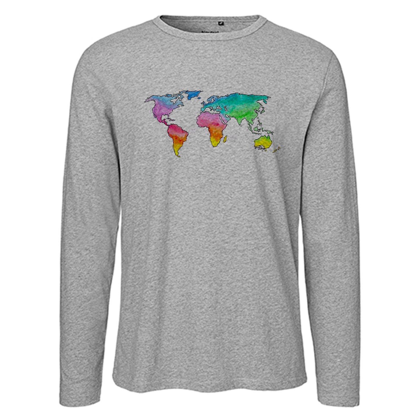 Herren FairTrade Longsleeve Shirt | Motiv"Weltkarte Regenbogen" | 100%  Bio-Baumwolle und aus nachhaltiger Produktion | Größen S-3XL