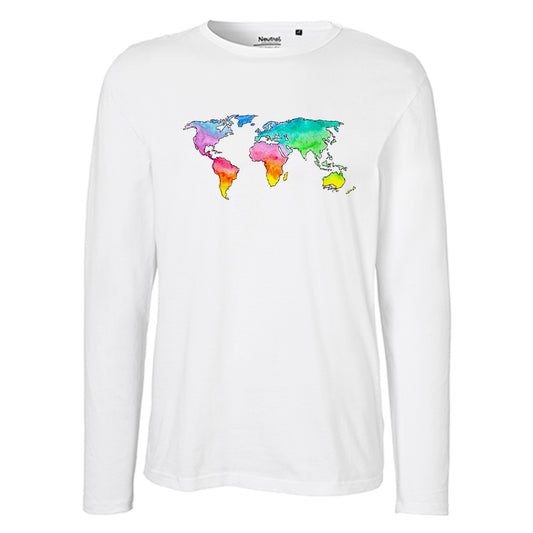 Herren FairTrade Longsleeve Shirt | Motiv"Weltkarte Regenbogen" | 100%  Bio-Baumwolle und aus nachhaltiger Produktion | Größen S-3XL