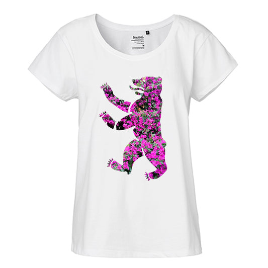 FairTrade Loose Fit Damen T-Shirt 'Bär Blumen Pink' Bio-Baumwolle